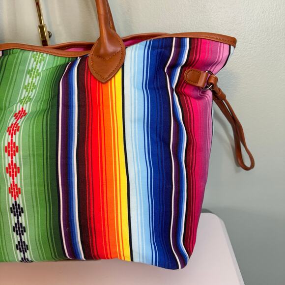 Weekender Tote Bag Rainbow Stripes Canvas Colorful Satchel Travel Makeup Handbag - Picture 3 of 9